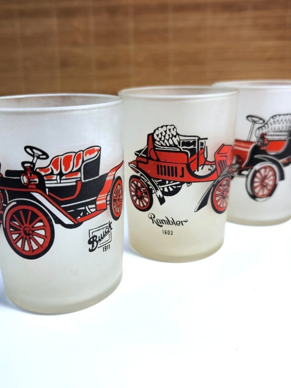 Hazel Atlas Vintage Frosted 4oz Jigger Glass Set 3 Antique Cars Cadillac Rambler